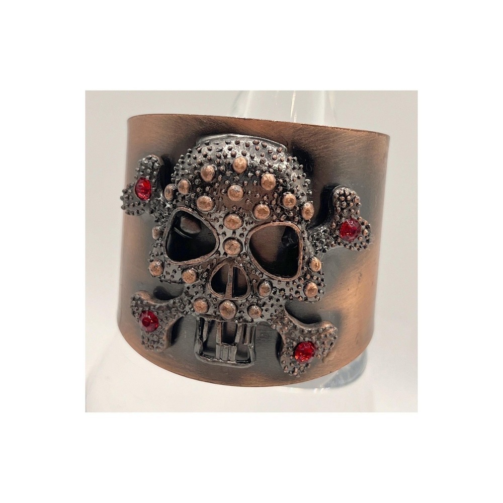 Copper Tone Skull Wide Cuff Bracelet Goth Style Red Rhinestones